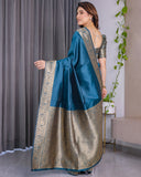 Teal Blue Pure Kanjivaram Silk Saree with Rich Floral Golden Zari Border & Blouse – 5.5m Saree + 0.8m Blouse Piece