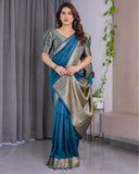 Teal Blue Pure Kanjivaram Silk Saree with Rich Floral Golden Zari Border & Blouse – 5.5m Saree + 0.8m Blouse Piece