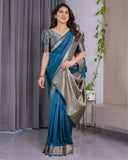 Teal Blue Pure Kanjivaram Silk Saree with Rich Floral Golden Zari Border & Blouse – 5.5m Saree + 0.8m Blouse Piece