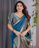 Teal Blue Pure Kanjivaram Silk Saree with Rich Floral Golden Zari Border & Blouse – 5.5m Saree + 0.8m Blouse Piece