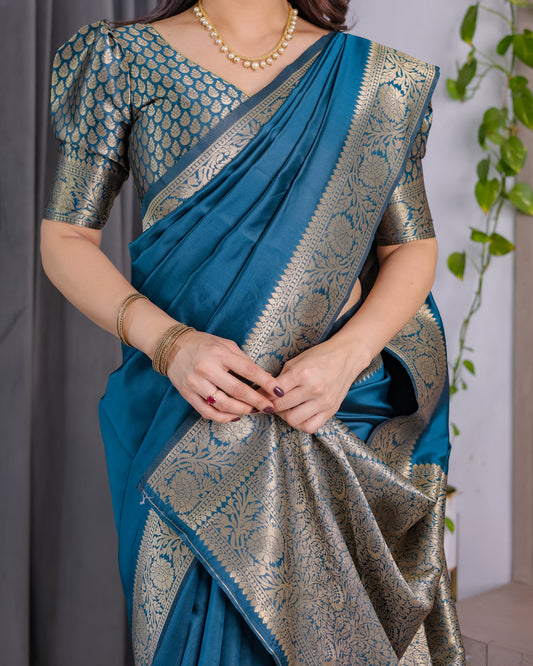 Teal Blue Pure Kanjivaram Silk Saree with Rich Floral Golden Zari Border & Blouse – 5.5m Saree + 0.8m Blouse Piece