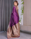 Violet Pure Kanjivaram Silk Saree with Ornate Golden Floral Zari Border & Blouse – 5.5m Saree + 0.8m Blouse Piece