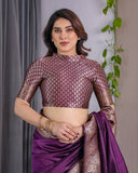 Violet Pure Kanjivaram Silk Saree with Ornate Golden Floral Zari Border & Blouse – 5.5m Saree + 0.8m Blouse Piece