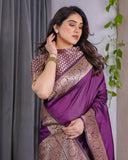 Violet Pure Kanjivaram Silk Saree with Ornate Golden Floral Zari Border & Blouse – 5.5m Saree + 0.8m Blouse Piece