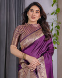 Violet Pure Kanjivaram Silk Saree with Ornate Golden Floral Zari Border & Blouse – 5.5m Saree + 0.8m Blouse Piece