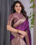 Violet Pure Kanjivaram Silk Saree with Ornate Golden Floral Zari Border & Blouse – 5.5m Saree + 0.8m Blouse Piece