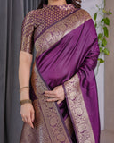 Violet Pure Kanjivaram Silk Saree with Ornate Golden Floral Zari Border & Blouse – 5.5m Saree + 0.8m Blouse Piece