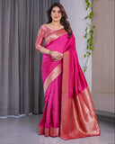 Hot Pink Pure Kanjivaram Silk Saree with Elegant Floral Zari Border & Designer Blouse – 5.5m Saree + 0.8m Blouse Piece