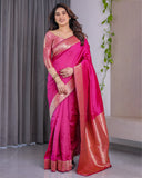 Hot Pink Pure Kanjivaram Silk Saree with Elegant Floral Zari Border & Designer Blouse – 5.5m Saree + 0.8m Blouse Piece