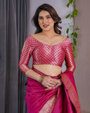 Hot Pink Pure Kanjivaram Silk Saree with Elegant Floral Zari Border & Designer Blouse – 5.5m Saree + 0.8m Blouse Piece