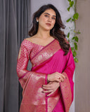 Hot Pink Pure Kanjivaram Silk Saree with Elegant Floral Zari Border & Designer Blouse – 5.5m Saree + 0.8m Blouse Piece