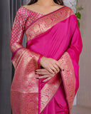Hot Pink Pure Kanjivaram Silk Saree with Elegant Floral Zari Border & Designer Blouse – 5.5m Saree + 0.8m Blouse Piece