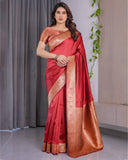 Rust Red Pure Kanjivaram Silk Saree with Intricate Floral Golden Zari Border & Blouse – 5.5m Saree + 0.8m Blouse Piece
