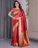 Rust Red Pure Kanjivaram Silk Saree with Intricate Floral Golden Zari Border & Blouse – 5.5m Saree + 0.8m Blouse Piece