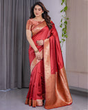 Rust Red Pure Kanjivaram Silk Saree with Intricate Floral Golden Zari Border & Blouse – 5.5m Saree + 0.8m Blouse Piece