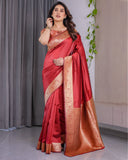 Rust Red Pure Kanjivaram Silk Saree with Intricate Floral Golden Zari Border & Blouse – 5.5m Saree + 0.8m Blouse Piece