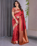 Rust Red Pure Kanjivaram Silk Saree with Intricate Floral Golden Zari Border & Blouse – 5.5m Saree + 0.8m Blouse Piece