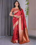 Rust Red Pure Kanjivaram Silk Saree with Intricate Floral Golden Zari Border & Blouse – 5.5m Saree + 0.8m Blouse Piece