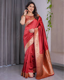 Rust Red Pure Kanjivaram Silk Saree with Intricate Floral Golden Zari Border & Blouse – 5.5m Saree + 0.8m Blouse Piece
