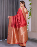Rust Red Pure Kanjivaram Silk Saree with Intricate Floral Golden Zari Border & Blouse – 5.5m Saree + 0.8m Blouse Piece