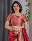 Rust Red Pure Kanjivaram Silk Saree with Intricate Floral Golden Zari Border & Blouse – 5.5m Saree + 0.8m Blouse Piece