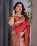 Rust Red Pure Kanjivaram Silk Saree with Intricate Floral Golden Zari Border & Blouse – 5.5m Saree + 0.8m Blouse Piece