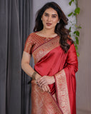 Rust Red Pure Kanjivaram Silk Saree with Intricate Floral Golden Zari Border & Blouse – 5.5m Saree + 0.8m Blouse Piece