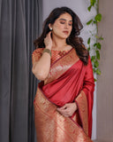 Rust Red Pure Kanjivaram Silk Saree with Intricate Floral Golden Zari Border & Blouse – 5.5m Saree + 0.8m Blouse Piece