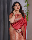 Rust Red Pure Kanjivaram Silk Saree with Intricate Floral Golden Zari Border & Blouse – 5.5m Saree + 0.8m Blouse Piece