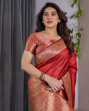 Rust Red Pure Kanjivaram Silk Saree with Intricate Floral Golden Zari Border & Blouse – 5.5m Saree + 0.8m Blouse Piece
