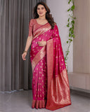 Rani Pink Pure Kanjivaram Silk Saree with Gold Leaf Buttas & Rich Floral Zari Border – 5.5m Saree + 0.8m Blouse Piece