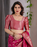 Rani Pink Pure Kanjivaram Silk Saree with Gold Leaf Buttas & Rich Floral Zari Border – 5.5m Saree + 0.8m Blouse Piece