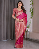 Rani Pink Pure Kanjivaram Silk Saree with Gold Leaf Buttas & Rich Floral Zari Border – 5.5m Saree + 0.8m Blouse Piece