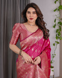 Rani Pink Pure Kanjivaram Silk Saree with Gold Leaf Buttas & Rich Floral Zari Border – 5.5m Saree + 0.8m Blouse Piece