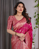 Rani Pink Pure Kanjivaram Silk Saree with Gold Leaf Buttas & Rich Floral Zari Border – 5.5m Saree + 0.8m Blouse Piece