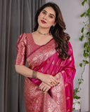 Rani Pink Pure Kanjivaram Silk Saree with Gold Leaf Buttas & Rich Floral Zari Border – 5.5m Saree + 0.8m Blouse Piece