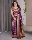 Royal Violet Pure Kanjivaram Silk Saree with Golden Zari Buttas & Rich Floral Border | 5.5m Saree + 0.8m Blouse Piece