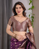 Royal Violet Pure Kanjivaram Silk Saree with Golden Zari Buttas & Rich Floral Border | 5.5m Saree + 0.8m Blouse Piece