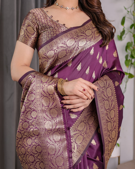 Royal Violet Pure Kanjivaram Silk Saree with Golden Zari Buttas & Rich Floral Border | 5.5m Saree + 0.8m Blouse Piece