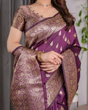 Royal Violet Pure Kanjivaram Silk Saree with Golden Zari Buttas & Rich Floral Border | 5.5m Saree + 0.8m Blouse Piece