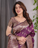 Royal Violet Pure Kanjivaram Silk Saree with Golden Zari Buttas & Rich Floral Border | 5.5m Saree + 0.8m Blouse Piece