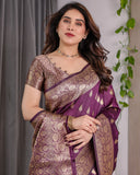Royal Violet Pure Kanjivaram Silk Saree with Golden Zari Buttas & Rich Floral Border | 5.5m Saree + 0.8m Blouse Piece