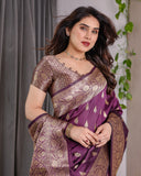 Royal Violet Pure Kanjivaram Silk Saree with Golden Zari Buttas & Rich Floral Border | 5.5m Saree + 0.8m Blouse Piece