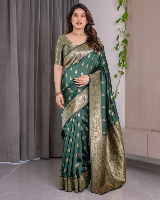 Dark Green Pure Kanjivaram Silk Saree with Golden Leaf Motifs & Floral Zari Border – 5.5m Saree + 0.8m Blouse Piece