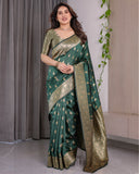 Dark Green Pure Kanjivaram Silk Saree with Golden Leaf Motifs & Floral Zari Border – 5.5m Saree + 0.8m Blouse Piece