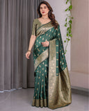 Dark Green Pure Kanjivaram Silk Saree with Golden Leaf Motifs & Floral Zari Border – 5.5m Saree + 0.8m Blouse Piece