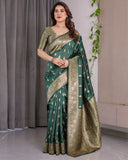 Dark Green Pure Kanjivaram Silk Saree with Golden Leaf Motifs & Floral Zari Border – 5.5m Saree + 0.8m Blouse Piece