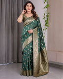 Dark Green Pure Kanjivaram Silk Saree with Golden Leaf Motifs & Floral Zari Border – 5.5m Saree + 0.8m Blouse Piece