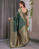 Dark Green Pure Kanjivaram Silk Saree with Golden Leaf Motifs & Floral Zari Border – 5.5m Saree + 0.8m Blouse Piece