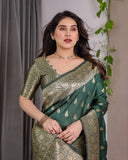 Dark Green Pure Kanjivaram Silk Saree with Golden Leaf Motifs & Floral Zari Border – 5.5m Saree + 0.8m Blouse Piece
